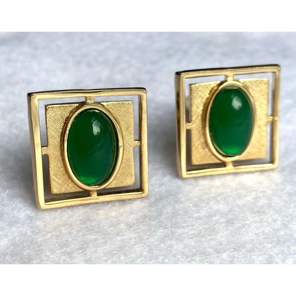 Vintage Cufflinks Goldtone Green Oval Cabochon Square - Picture 4 of 5